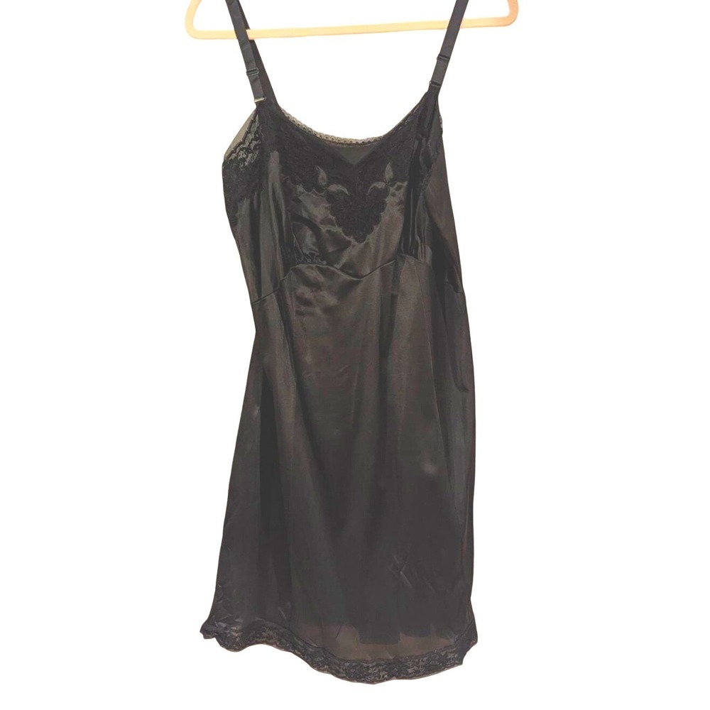 Komar Black Lace Trim Full Slip 38 Average Made in USA Nylon Silky Vintage Retro